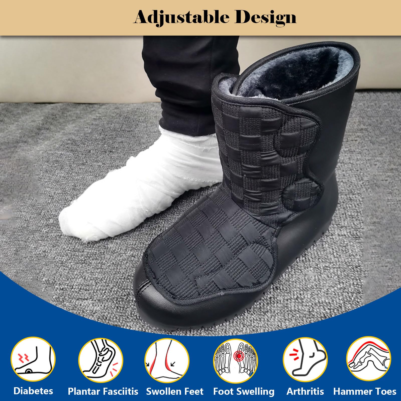Hombres Mujer Ajustable Botas Turgente Pies Pantufla, Anciano Cómodo Zapatos, Diabético Obesidad Zapatillas para Pies Hinchados