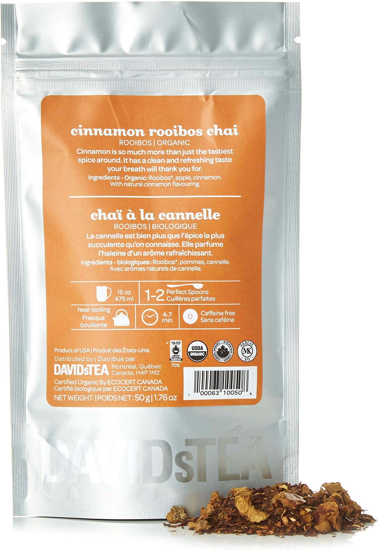 DAVIDsTEA Organic Cinnamon Rooibos Chai Loose Leaf Tea, Premium Caffeine-Free Rooibos for Focus and Hydration (2 Oz)
