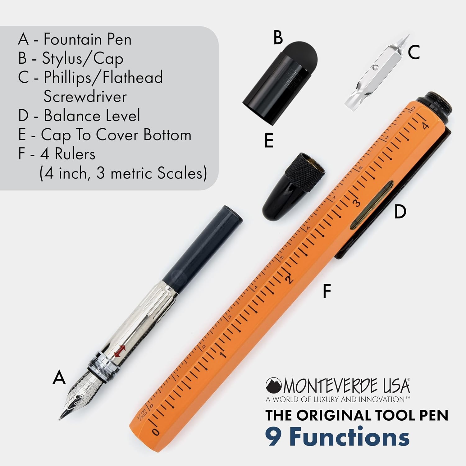 Monteverde USA 9-in-1 Tool Fountain Pen in Orange – Medium Nib, Multifunctional Pen with Stylus, Screwdrivers, Level, and Ruler – Exclusive Collection, Ideal Gift for Professionals