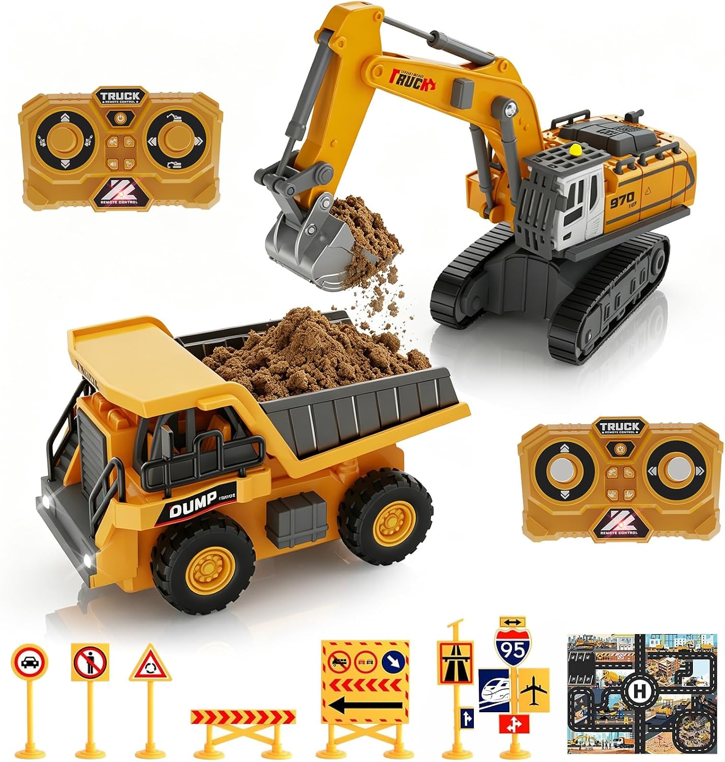 Mini RC Construction Vehicles, 1:64 Remote Control Excavator & Dump Truck, 2.4GHz Small Desktop Toys with Lights Sound & Variable Speed, Includes Traffic Signs & Play Mat, Gift for Adults Kids