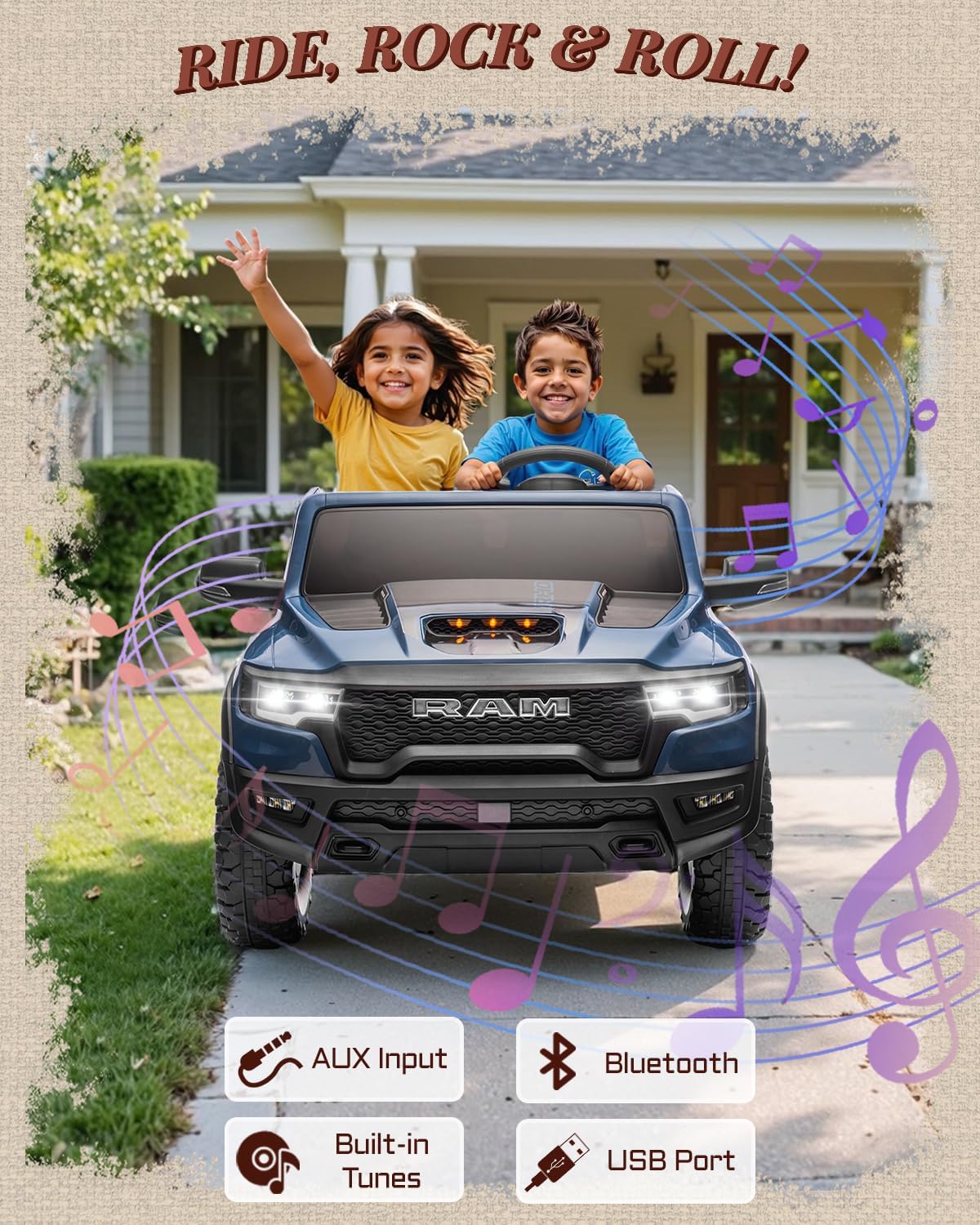 Image showing a child driving the First Ride On RAM 1500 with a parent using the remote control in the background.