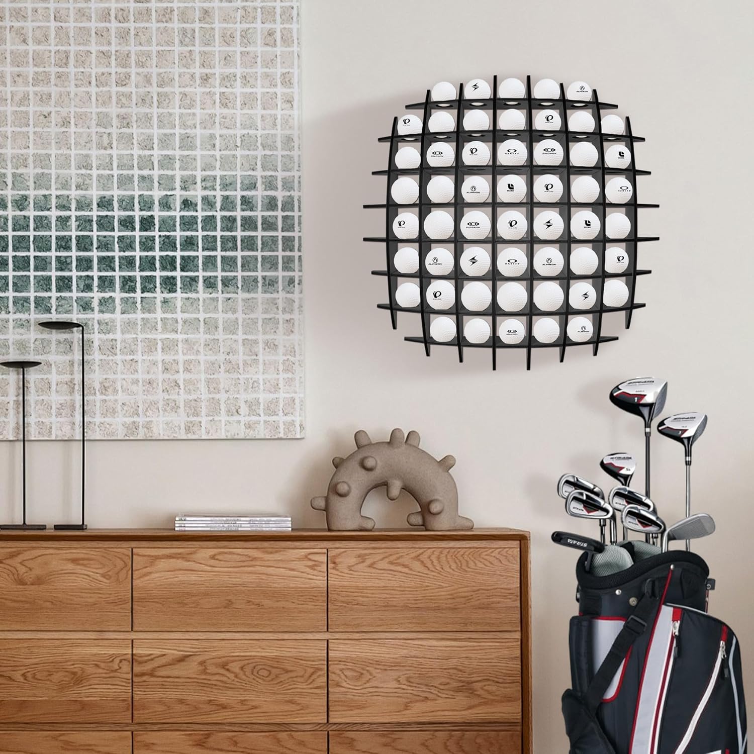 Golf Ball Display Case, Wood Golf Ball Display Rack up to 52 Balls, Golf Ball Holder Display for Wall, Black