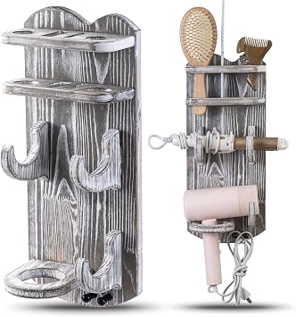 Rustic Wooden Hair Tool Wall Mount - Blowdryer & Styling Tool Holder for Bathroom