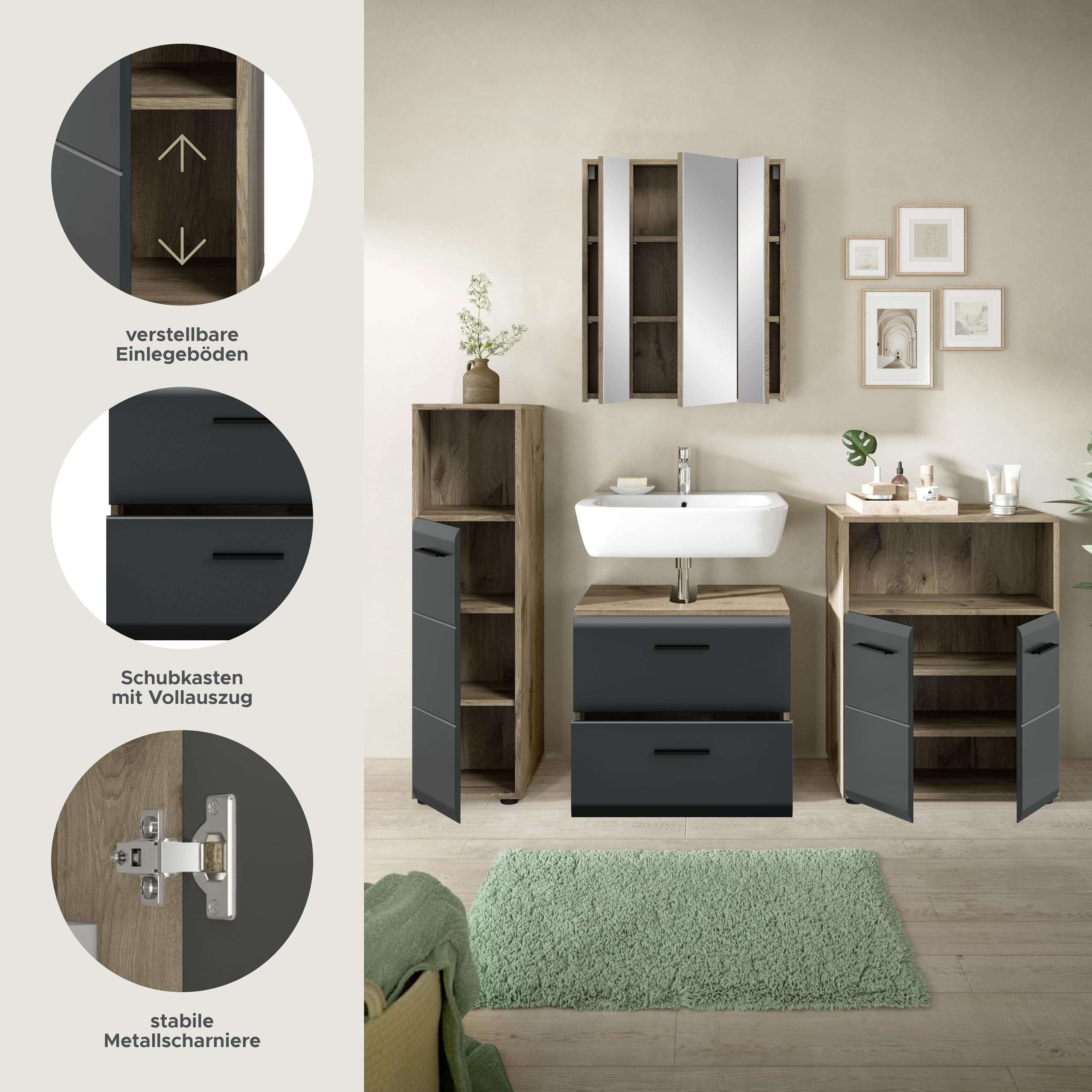 xonox.home – 4 TLG. Badkombination Ice 180x185x30 cm in Korpus Nox Oak Nachbildung und Front schwarz matt – Moderne Badezimmermöbel Kombination – stilvoll – Bild 7