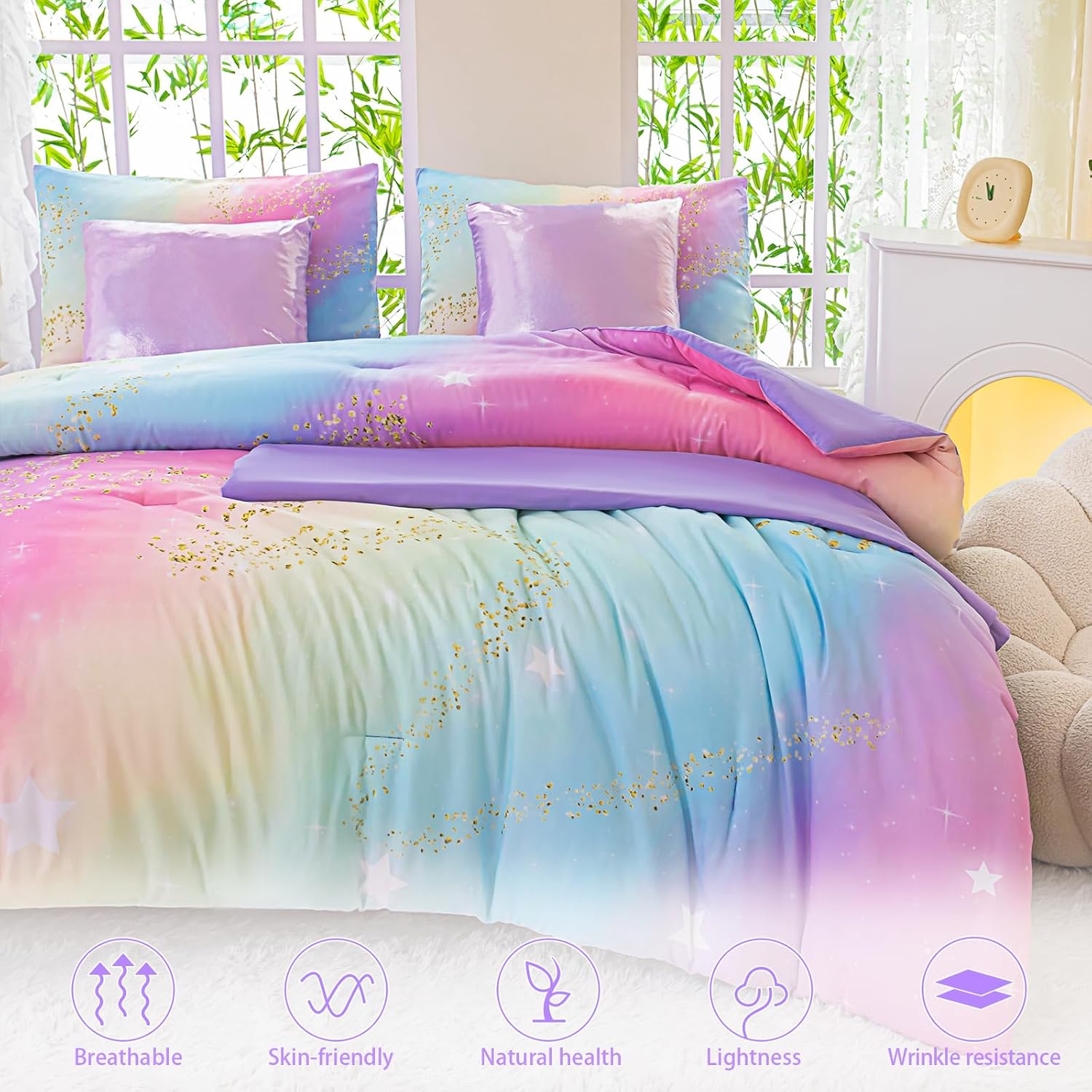 Rainbow Bedding Set Full Size – 7 Piece Reversible Girls Comforter with Deep-Pocket Sheet, Gradient Galaxy Design, Whole-Piece Filling, Machine Washable Bed-in-a-Bag for Kids Room Makeover & Gifts - Image 4