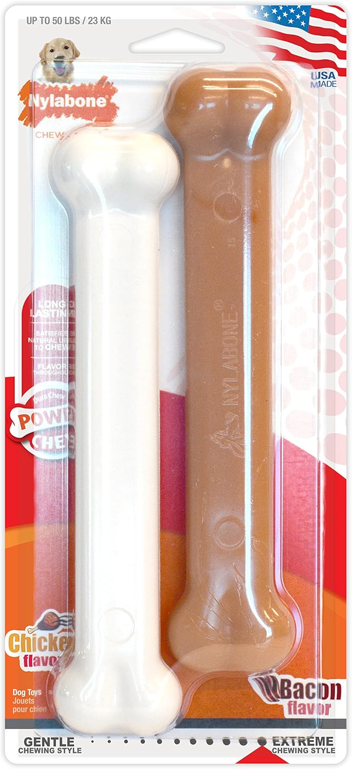 Nylabone 2 x Dura Chew Extreme Tough Dog Chew Toy Bones, 1 Bacon & 1