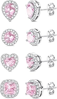 Sterling Silver Cubic Zirconia Stud Earrings for Women Men | 18K White Gold Plated Sterling Silver Hypoallergenic Long Post Studs Piercing | Square Heart teardrop Cut Simulated Diamond Halo Stud Jewelry