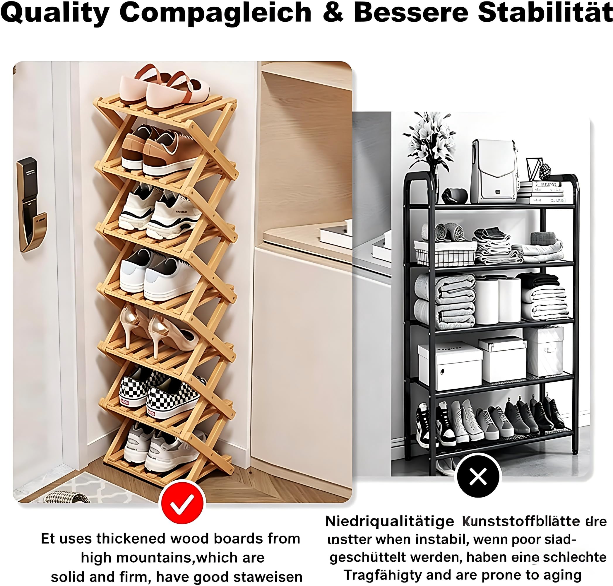 Schuhregal Platzsparend, Faltbares Schuhregal, 4 Ebenen, tragbar, ohne Installation, Schuhorganizer für Korridore, Wohnzimmer, Ecke und kleine Räume, Holzfarbe