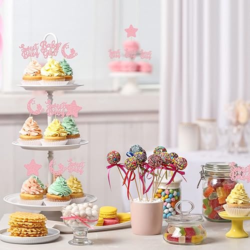 Miniatura 6 de Gyufise 24 piezas de decoración para cupcakes de bebé niña con purpurina rosa, estrella y luna, dulce baby shower, baby shower, fiesta de