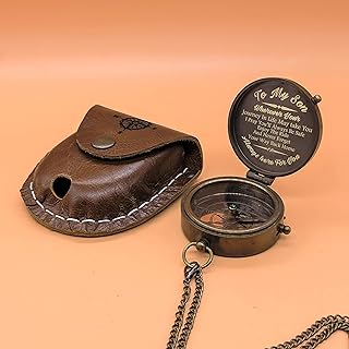 MSDREAMYDESIGN Brass Compass with Leather Case Mom to Son Compass, to My Son Love Mom and Dad, Engraving Compass Mother and Father Brown Antique