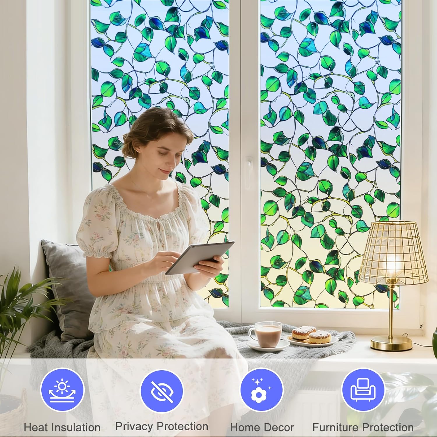 SOMWISE Window Privacy Film with Tools, Day & Night Privacy, Static Cling Stained Glass Decor, Tint for Home Room, Removable, Reusable, Anti-UV, Anti-Glare, Heat Blocking(Green, 23.5Inchx78.5Inch)