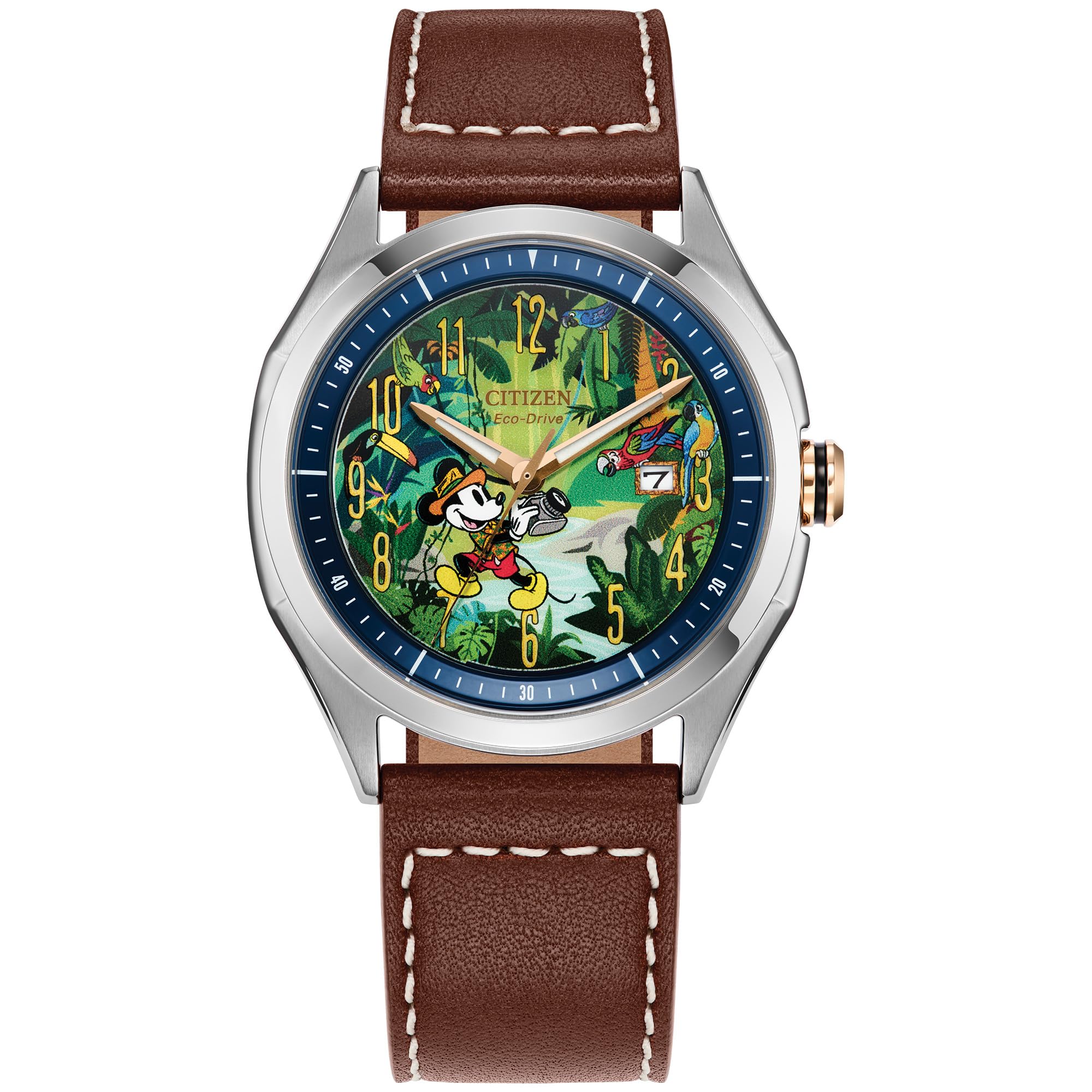 Men's Eco-Drive Disney Mickey Mouse Explorer Stainless Steel Case Watch, Brown Leather Strap, 3 Hand, (Model: AW1149-06W)