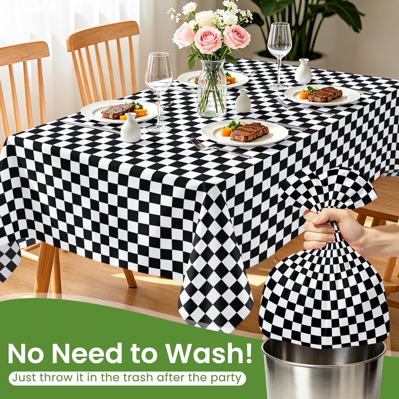 Paquete de 6 manteles a cuadros en blanco y negro, manteles de plástico para fiestas, desechables, 54 x 108 pulgadas, mantel impermeable con bandera a cuadros negros para cumpleaños, fiestas,