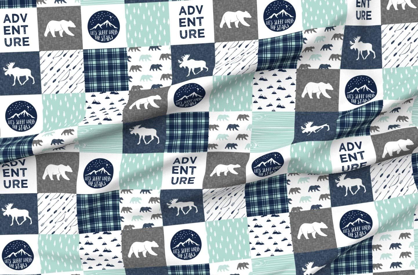 Spoonflower Fabric - Happy Camper Wholecloth Quilt Top Camping Adventure Blue Navy Moose Printed on Organic Cotton Sateen Fabric by The Yard - Sewing Quilting Apparel Home Decor