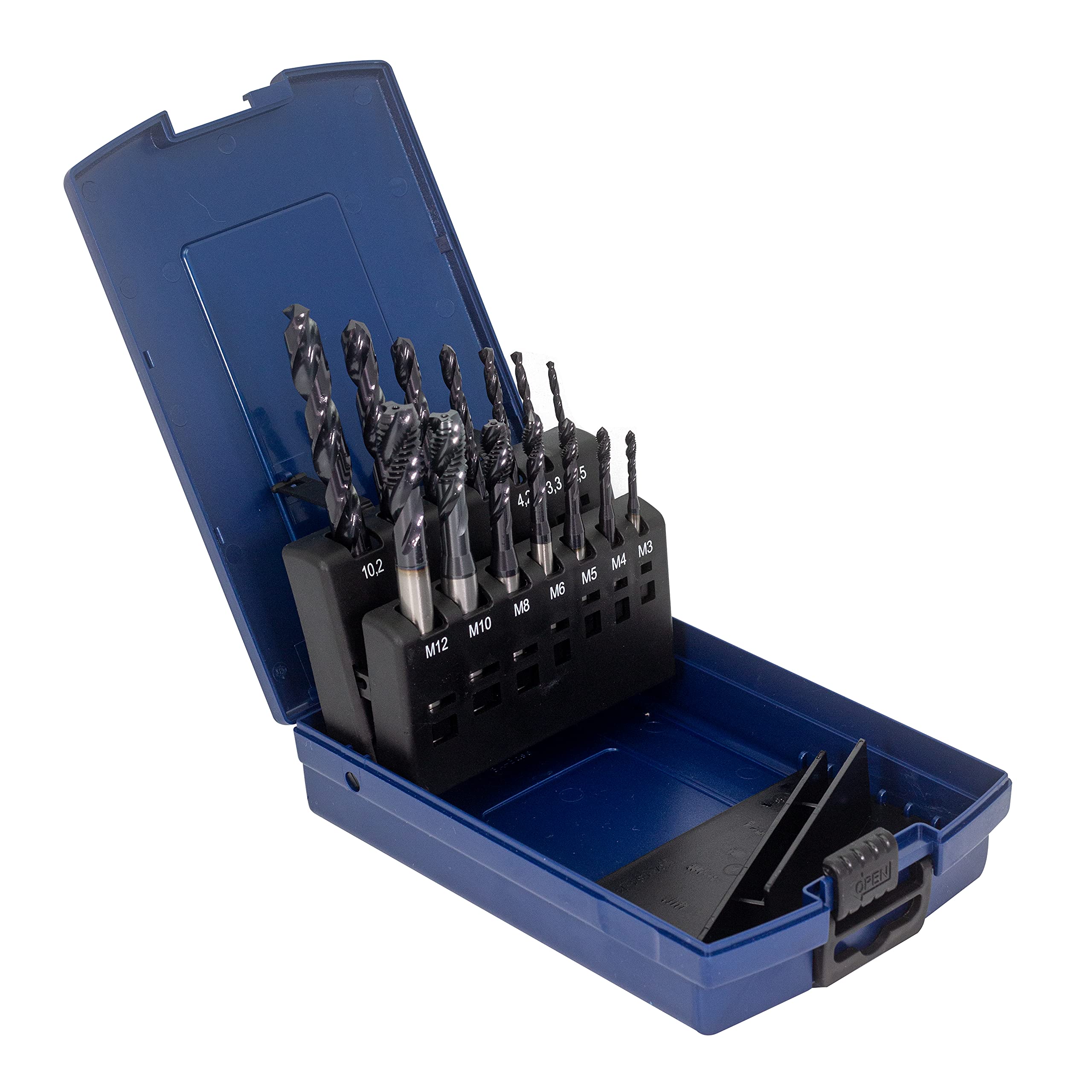Set di punte per trapano a macchina, con foro cieco M3, M4, M5, M6, M8, M10, M12 HSSE-Co5, scatola di plastica 14 pezzi AlTiN con penna lubrificante