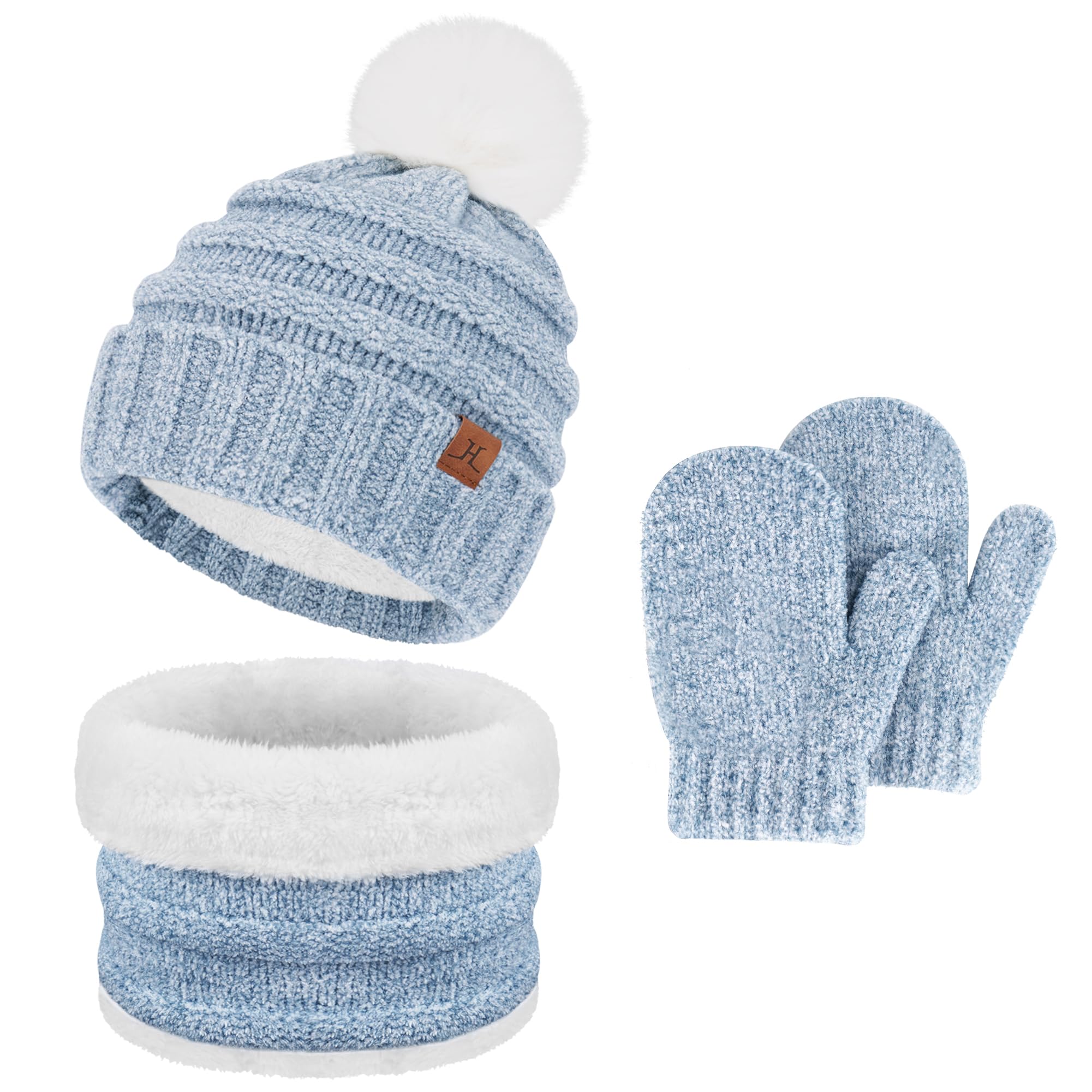 Bequemer Laden Enfants Hiver Bonnet Chaud Écharpe Cache Cou Gants Ensemble avec Pompon Doublé Polaire Cadeaux pour 2 3 4 5 6 Ans Fille Garcon Tout Petit
