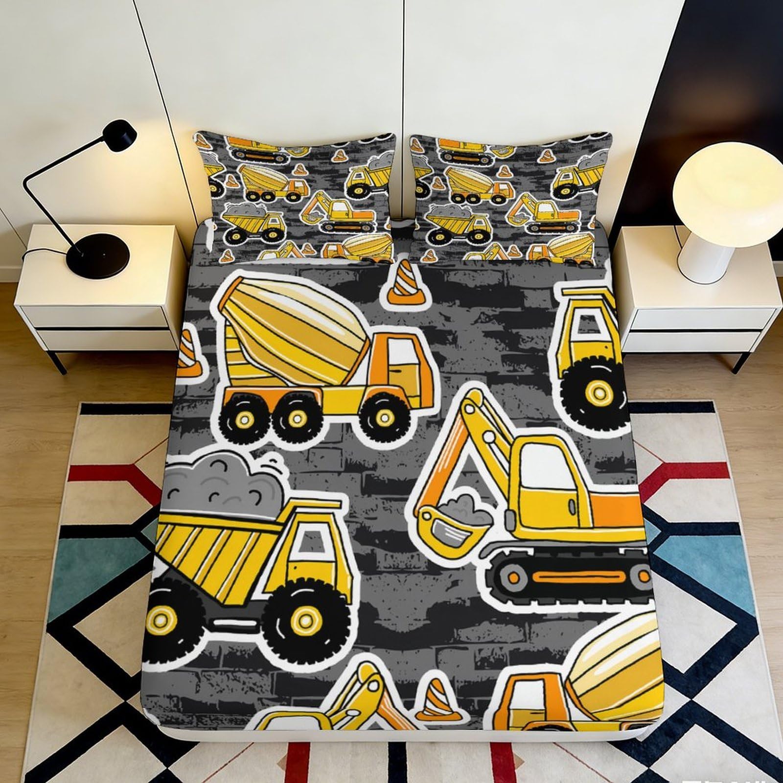 3D Printed Construction Vehicles Fitted Sheet Microfiber Durable Soft 90x200cm Bed Cover with Excavator Dump Truck Design for Bedroom Dormitory 180x200x25cm