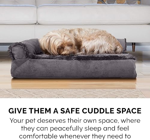 Miniatura 9 de Furhaven - Cama ortopédica para perro, con bloque sólido de espuma, en forma de L, estilo diván, de felpa y terciopelo, gris platino, talla jumbo