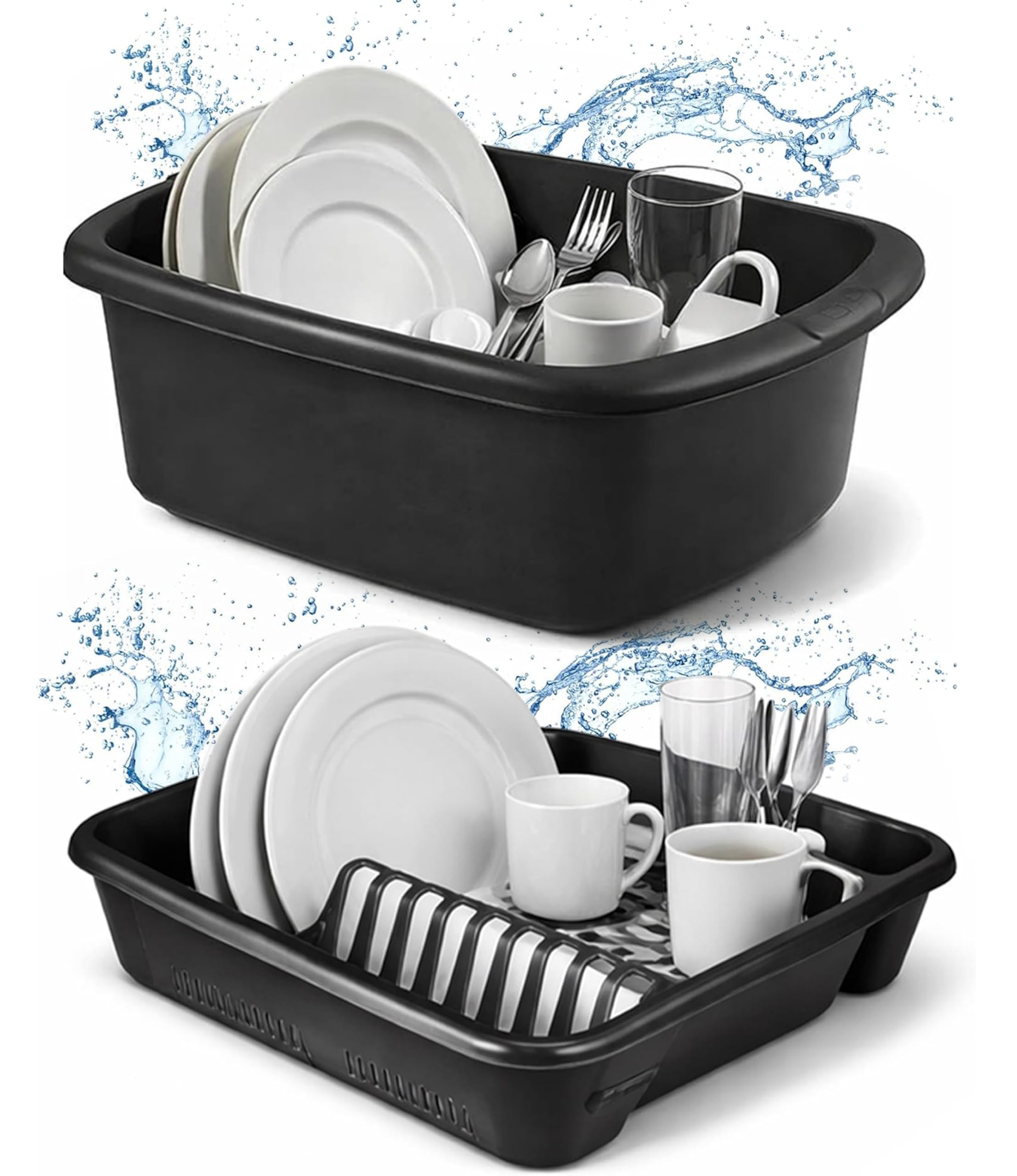 Ploutos World Wide Washing Up Bowl Set of 2 – Plastic Rectangular Plastic Sink Bowl with Dish Drainer, Kitchen Washing Basin, Sink Organiser for Plates, Cups & Cutlery (Black)
