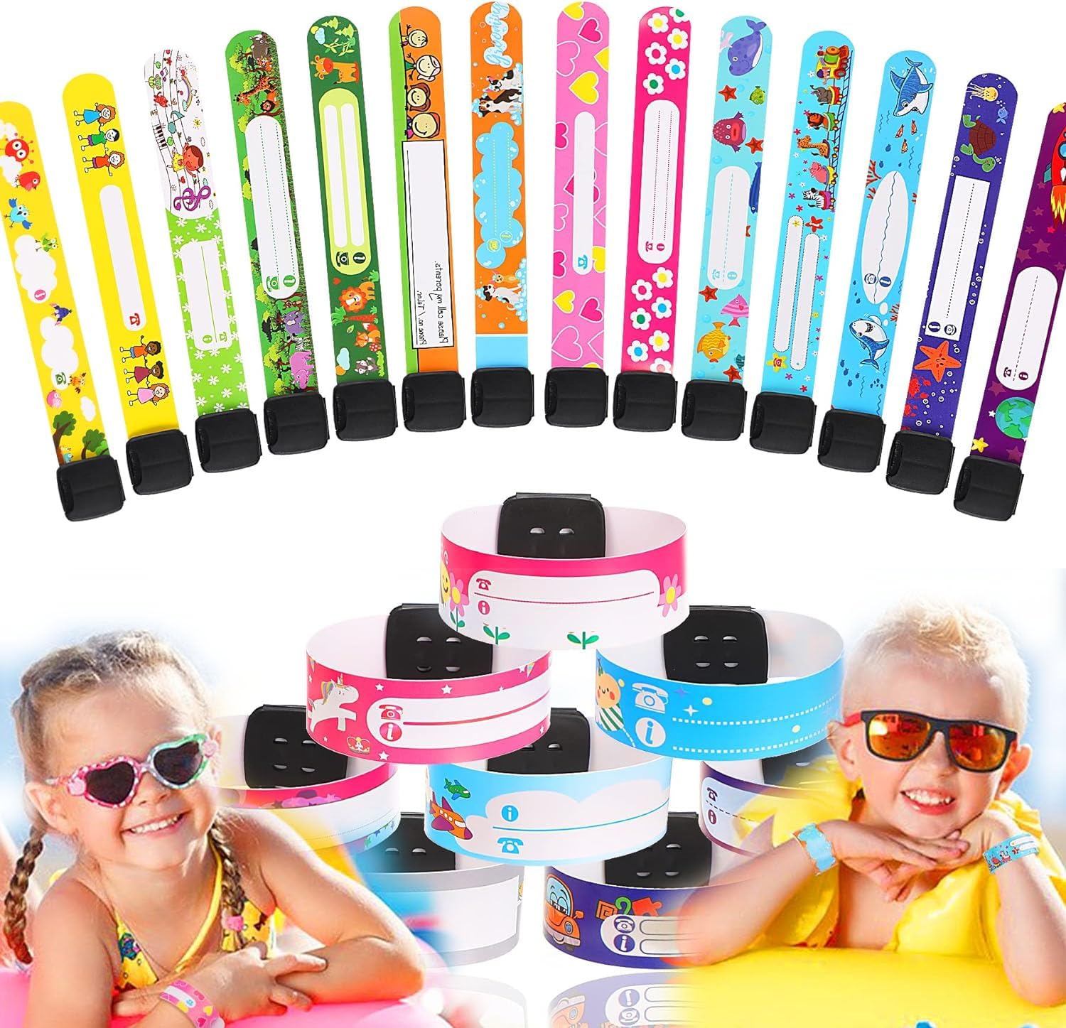 Azonee Wristbands for Events, 24 Pcs Children Safety ID Wristband Reusable Child Identification Infobands Bracelets Adjustable Waterproof Anti Lost ID Band for Boys and Girls