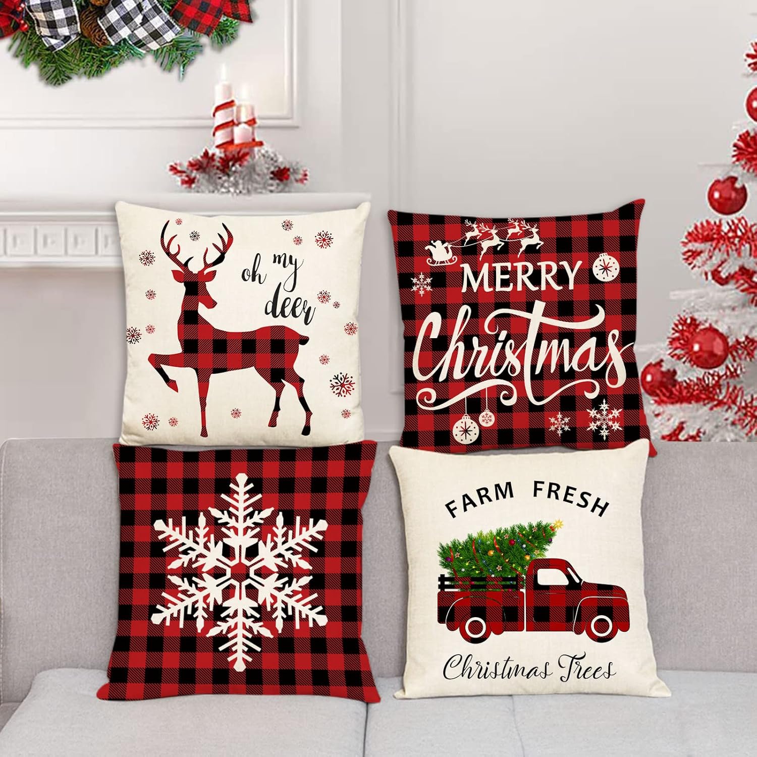 YeeJu Christmas Pillow Covers 26x26 Set of 4 Merry Christmas Cushion Covers Xmas Throw Pillow Covers Red Christmas Tree Deer Truck Snowflake Pillow Cases for Outdoor Couch Sofa Decoration(26 Inch)