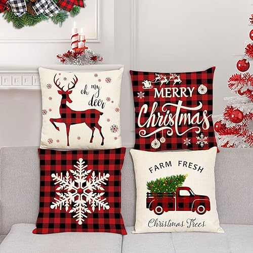 Miniatura 5 de YeeJu Juego de 4 fundas de almohada de Navidad de 12 x 12 pulgadas, fundas de cojín de Feliz Navidad, fundas de almohada rojas con árbol de Navidad,