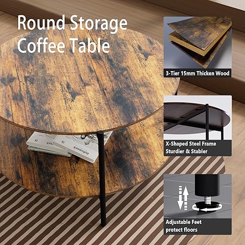 Miniatura 4 de Mesa auxiliar redonda, mesas de centro circulares de 2 niveles de 32.9 pulgadas con almacenamiento de madera rústica, mesa de centro circular para