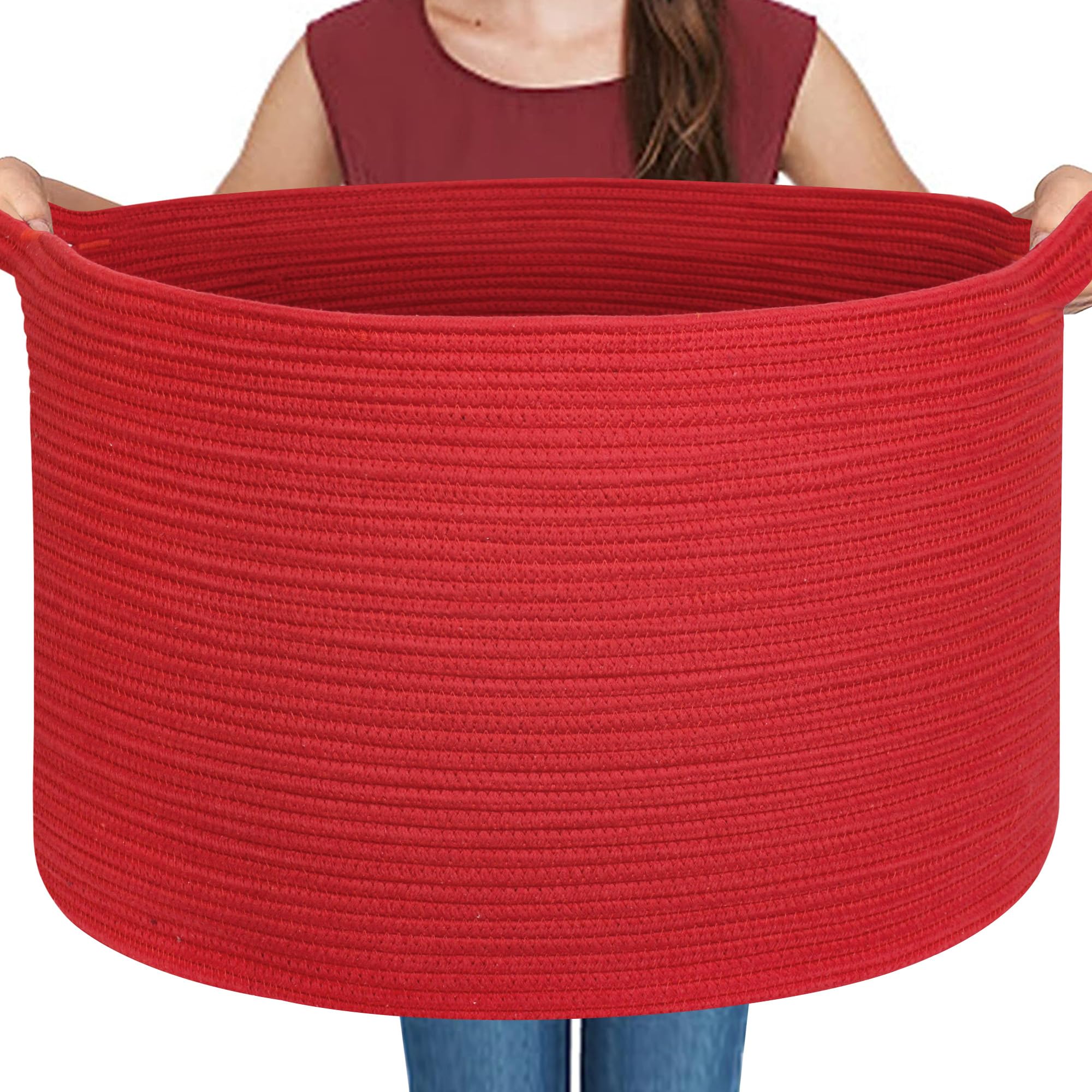MEGASKET extra großer roter Aufbewahrungskorb 55,9 x 55,9 x 35,6 cm aus Baumwollseil – ideal für Decken, Wäsche, Spielzeug oder Haustierbedarf. Stilvoller Organizer für Wohnzimmer oder Kinderzimmer