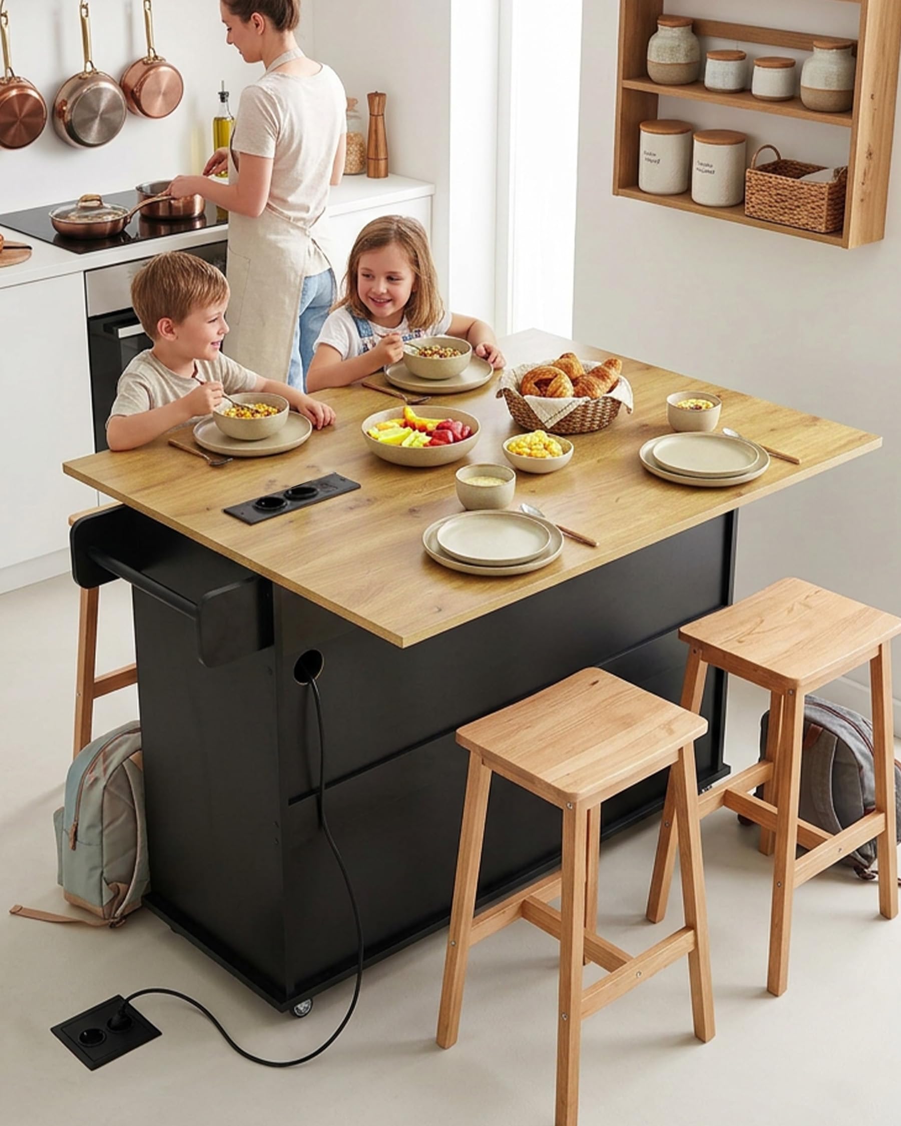 Isola da Cucina con Presa e Piano di Lavoro Pieghevole Mobile da Cucina con Ruote Credenza da Cucina Salvaspazio con 2 Cassetti e 2 Ante Nero/Rovere 120 x 74 x 94,5 cm