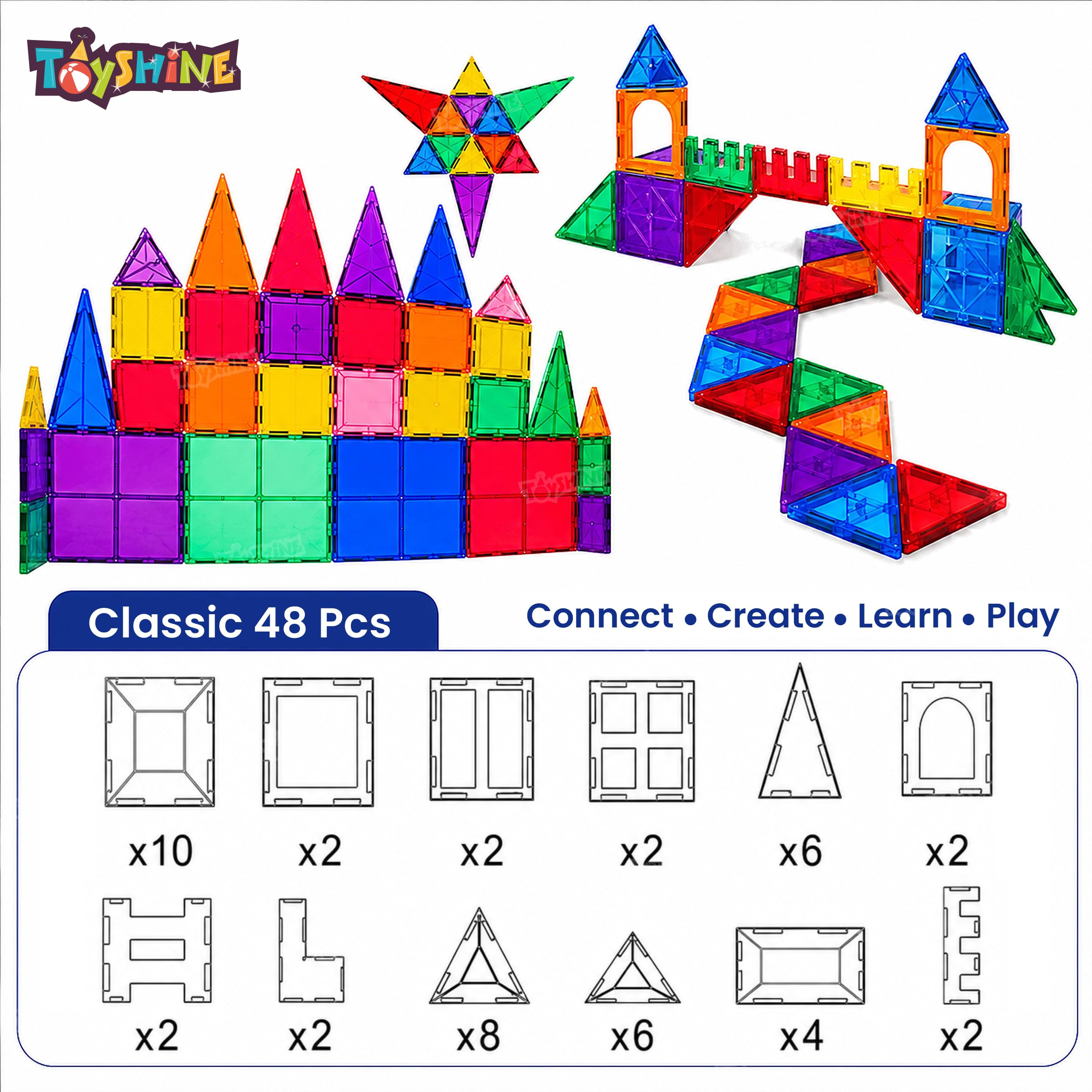 Toyshine Kids Magnet Toys Magnetic Tiles, 48 PCs Magnetic Building Blocks, Educational Toys for Kids Children 4