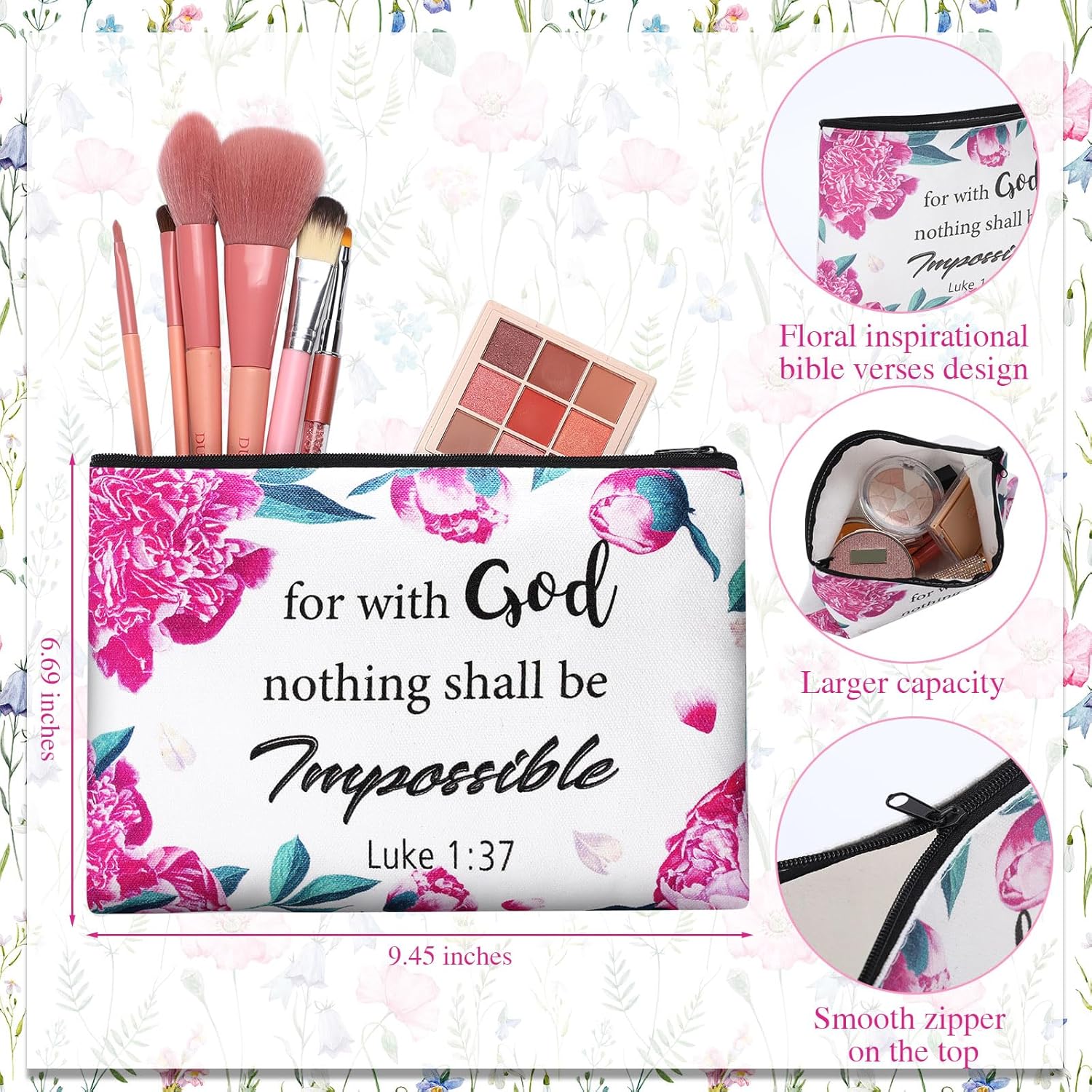 24 Pcs Christian Makeup Bag Bible Cosmetic Bags Inspirational Bible Verse Toiletry Pouches Canvas Motivational Pouches with Zipper for Women Organize Cosmetics Toiletries Stationery(Floral) - Image 2