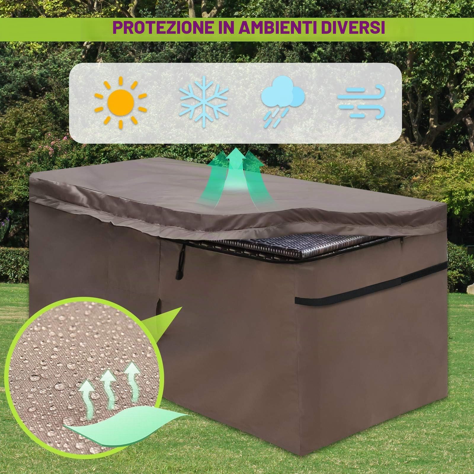 Copertura Impermeabile per Baule da Giardino, Telo di Protezione per Contenitore da Esterno con Foro di Ventilazione e Coperchio con Cerniera, 420D Oxford Marrone (123 x 55 x 62 cm)