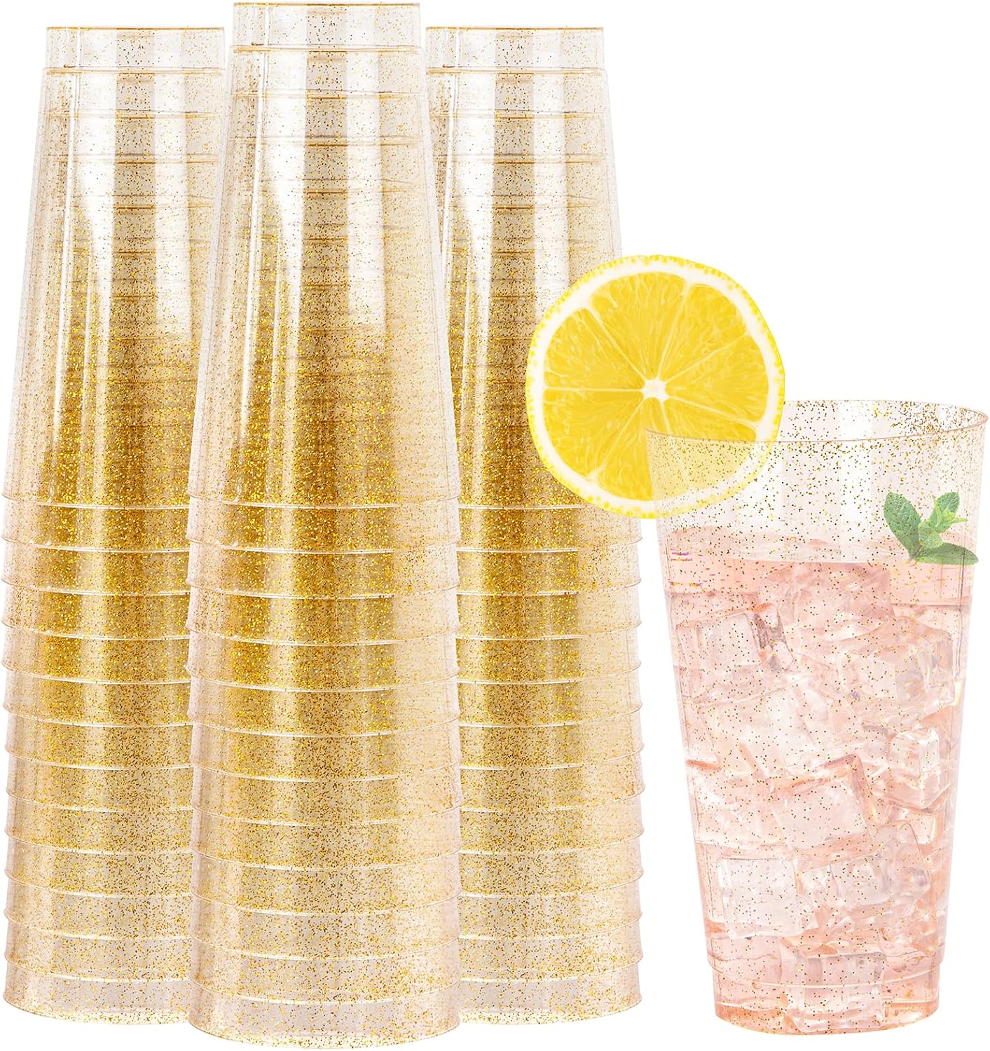 I00000 16 oz Gold Plastic Cups, 50 Pack Gold Glitter Plastic Cups Tumblers Disposable Party Cup Wedding Cup, Heavy-duty Plastic Disposable Glasses Ideal for Birthday, Wedding & Party