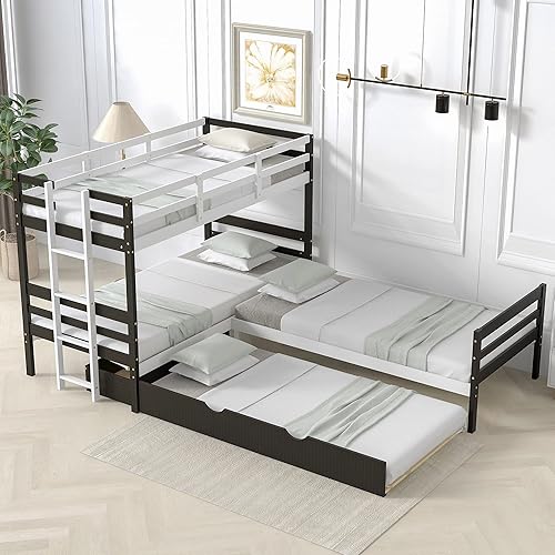 GLORHOME Litera triple de madera y plataforma para 4 personas con nido y cajón para adolescentes y adultos, no necesita somier