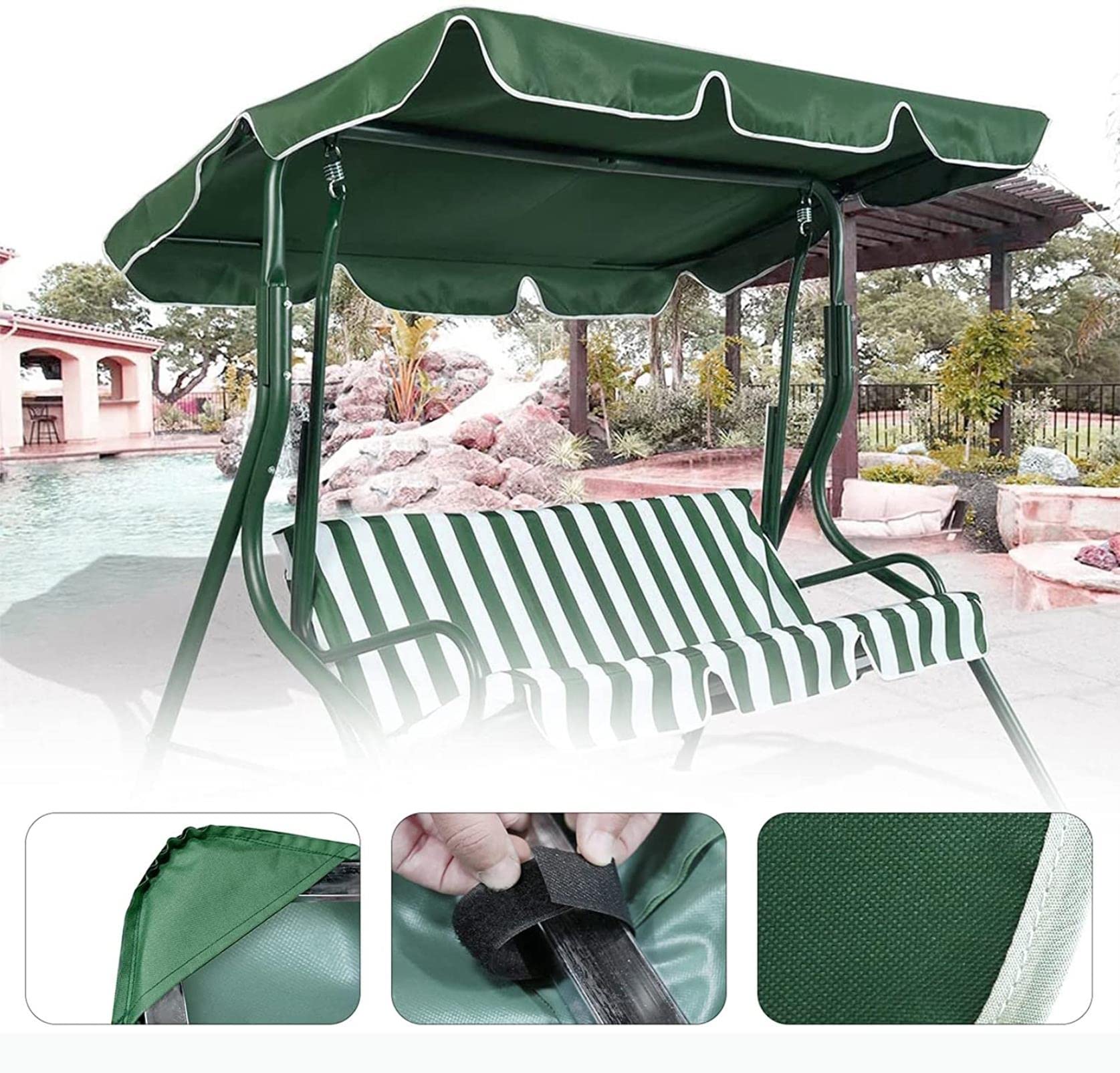 Tetto del Dondolo da Giardino Ricambio, Baldacchino di Ricambio per Altalena a 2 e 3 posti, Copertura per Amaca da Giardino, Esterno, con 4 Tasche angolari rinforzate, Impermeabile, Verde.