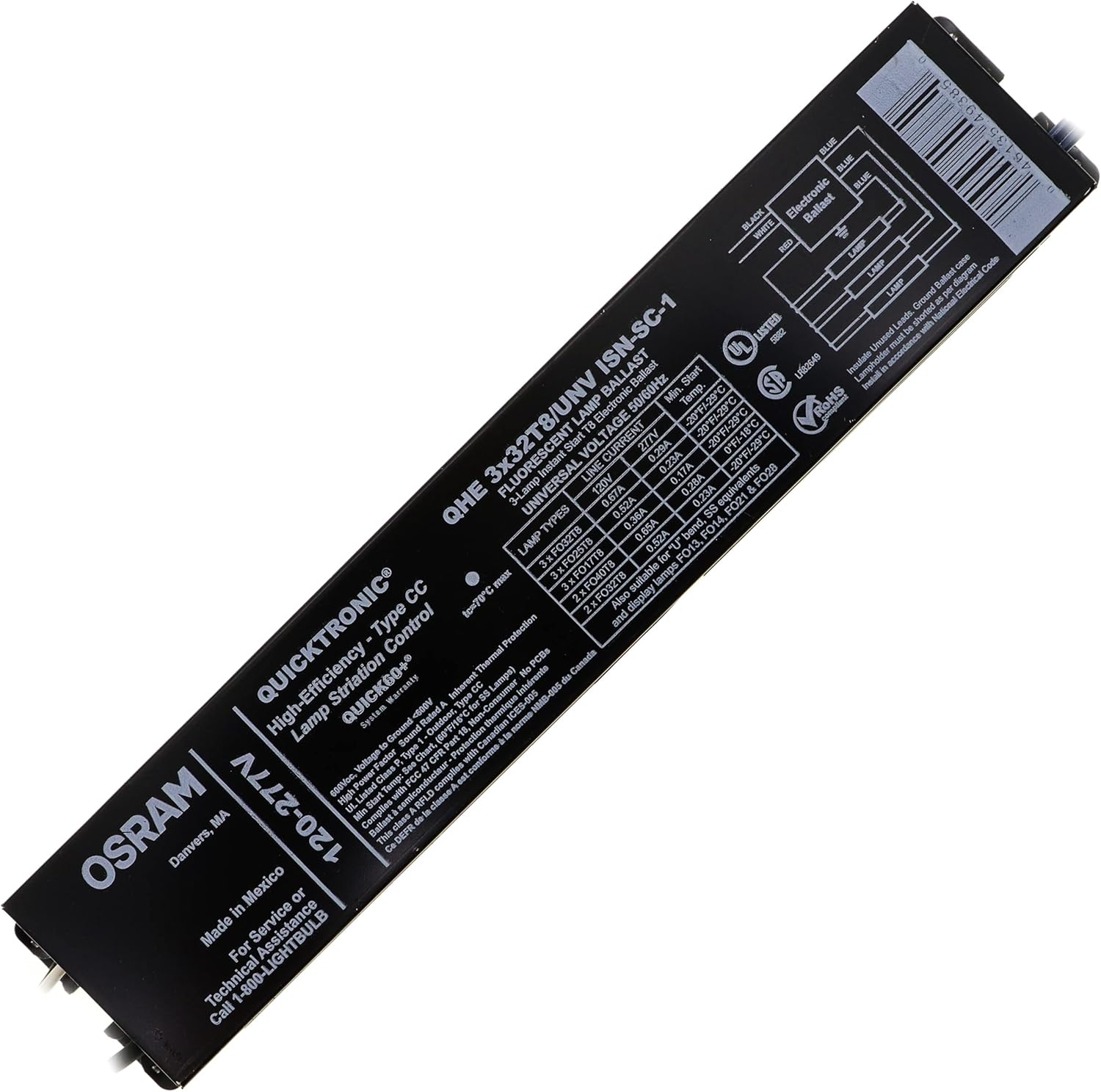 OSRAM 49385 QHE3X32T8/UNV-ISN-SC-1-CC-B Fluorescent Ballast, 3-Lamp, 32W T8, 120/277V