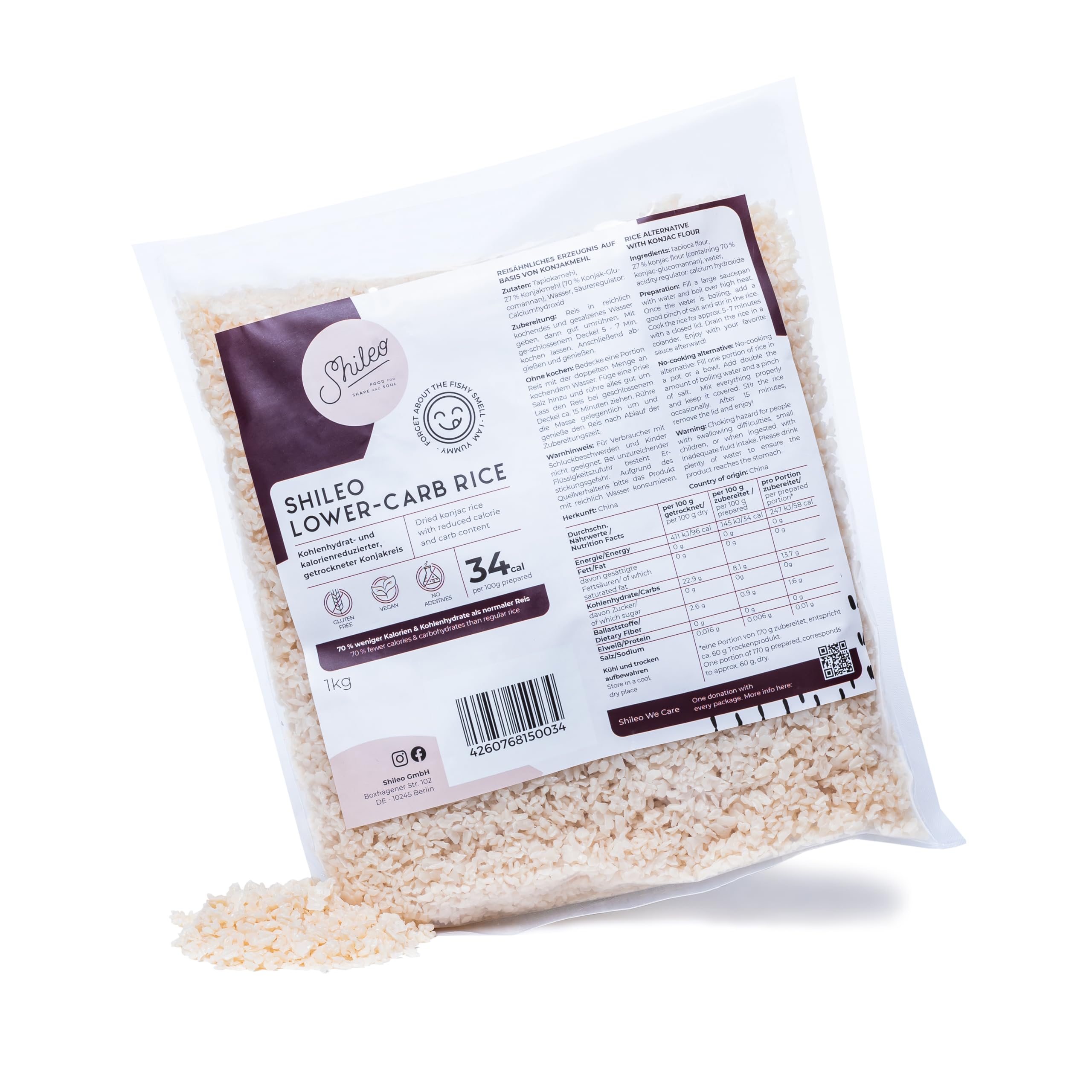 Shileo Konjak Reis getrocknet 1kg | energiereduzierter Lower Carb Shirataki Konjakreis | Konjak-Reis (fast) ohne Kohlenhydrate für eine bewusste Low-Carb Ketogene Ernährung