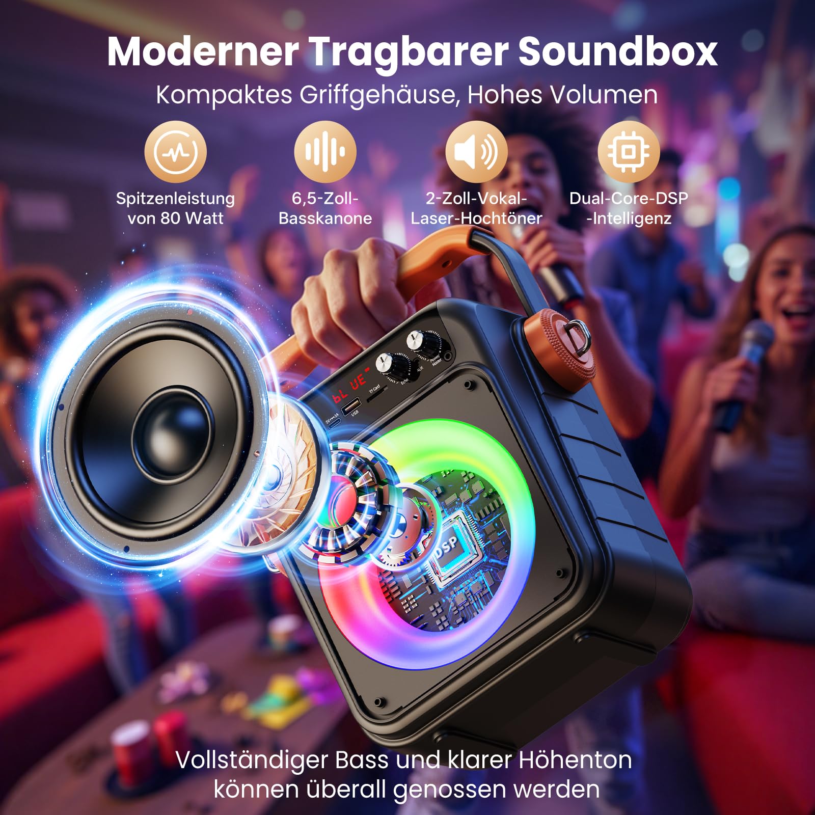 JYX Karaoke-Maschine mit 2 Mikrofonen, 80W Bluetooth 5.3 PA-Lautsprecher | 80W Leistung, TWS, USB, TF, AUX und Live, LED-Lichteffekte für Karaoke, Partys, Zuhause, Garten und Camping