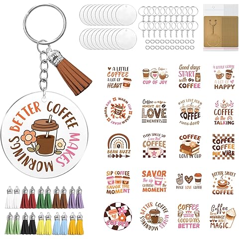 peacoblue 160Pcs Acrylic Keychain kit with UV DTF Cold Transfer Stickers, Coffee Waterproof Round DIY Acrylic Key Chain Blanks Set for Bag kit Women Key Gifts Decor