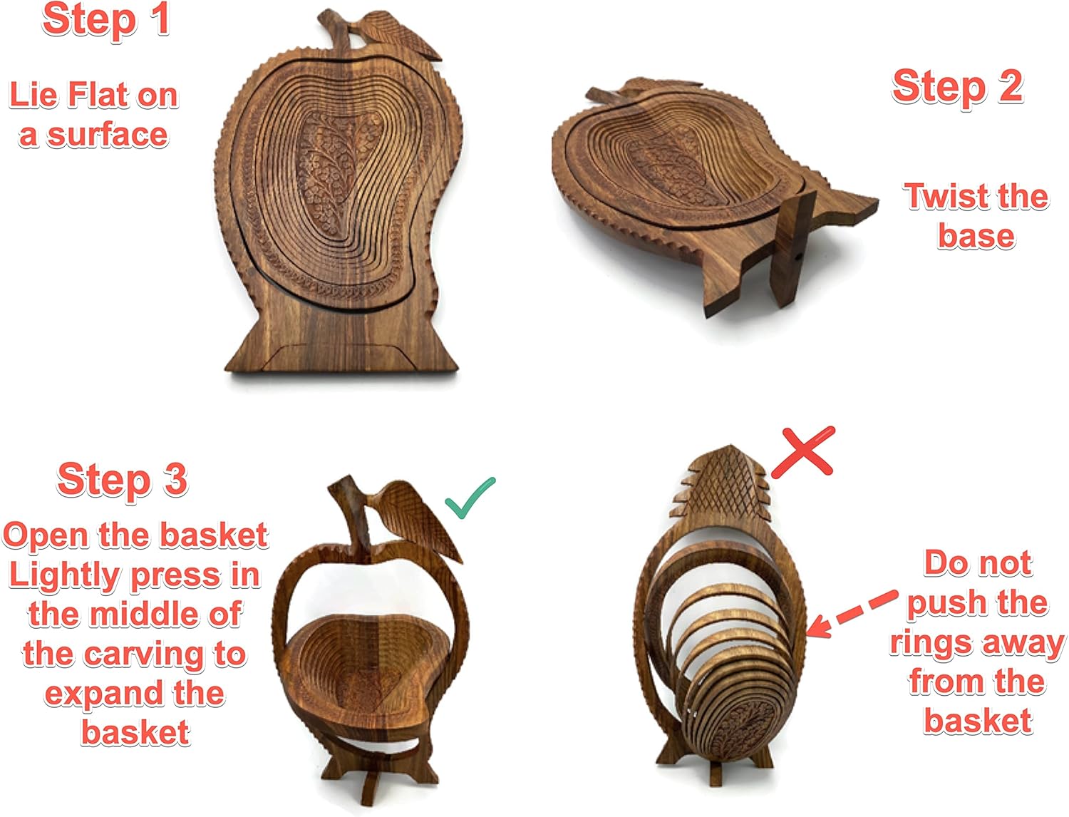 Generic 2022 Valentine Day Gift Edition Handmade Unique Gift Idea Solid Wooden Collapsible Fruit Shaped Basket Hand Carved Solid Wood (Pear/Mango) 16Inx8.5In, Peach/Mango