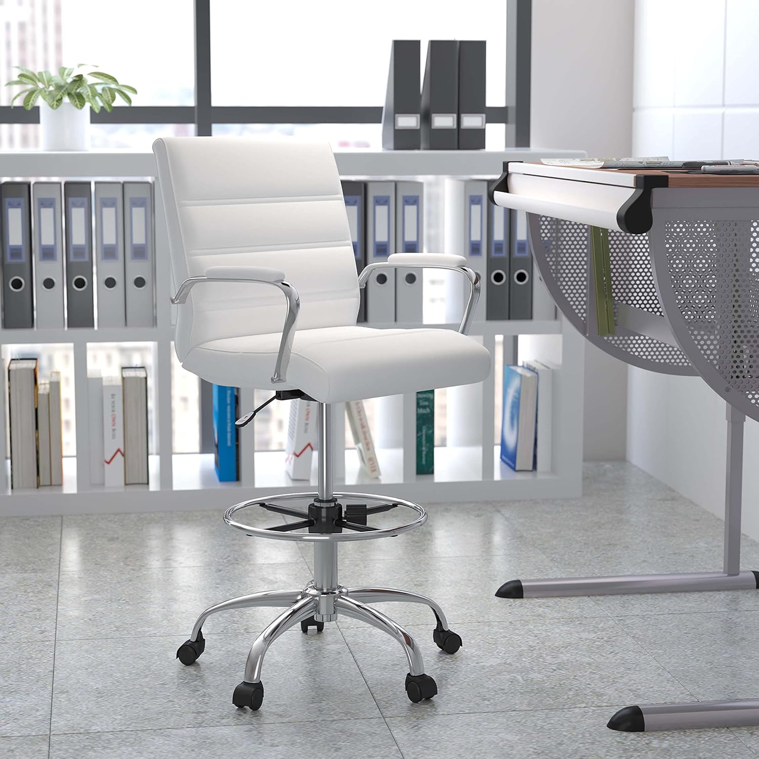 BizChair Mid-Back White LeatherSoft Drafting Chair with Adjustable Foot Ring and Chrome Base