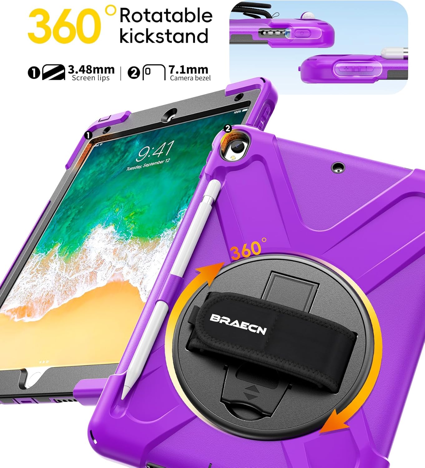 BRAECN Case for iPad Air 3rd Generation 2019 / iPad Pro 10.5 inch 2017, Rugged Heavy Duty Shockproof Cover with Pencil Holder, 360° Rotating Kickstand & Adjustable Hand Strap & Shoulder Strap for Kids