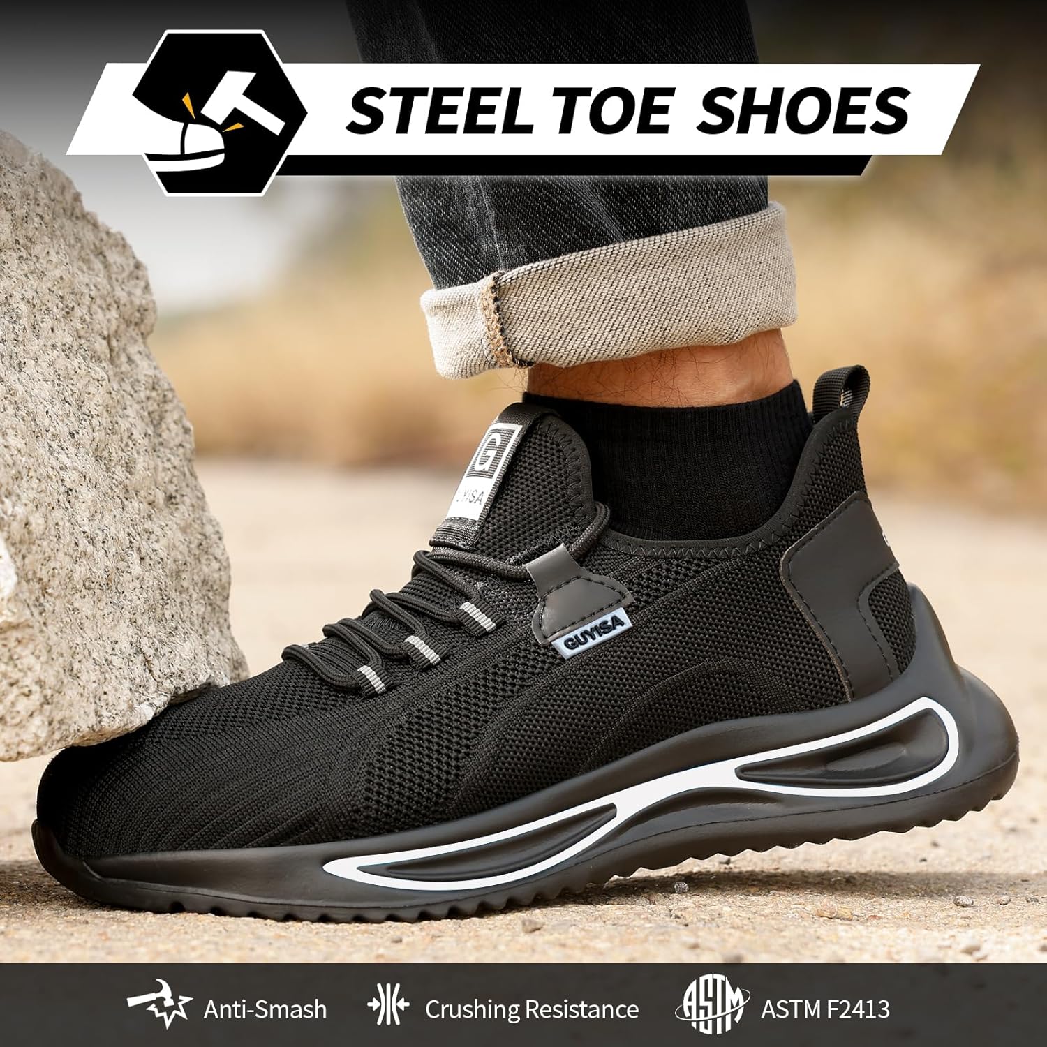 GLANOUDUN Steel Toe Shoes for Men Lightweight Work Shoes for Men Black Steel Toe Sneakers Comfortable Safety Tennis Sneakers Indestructible Men's Safety Footwear Industrial Construction - Image 3