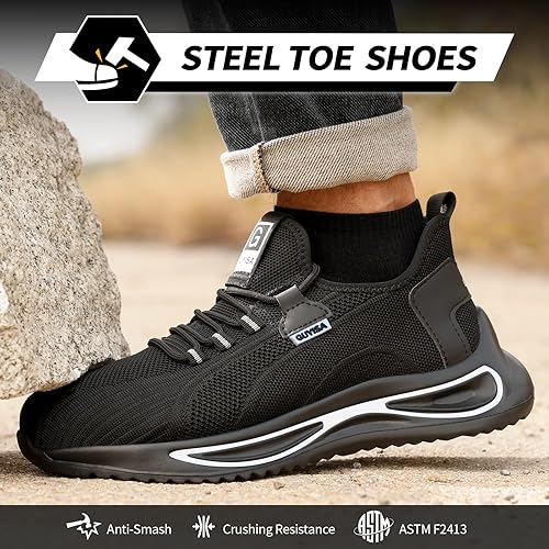 Miniatura 2 de GLANOUDUN Zapatos de punta de acero para hombre, zapatos de trabajo ligeros para hombres, zapatos de trabajo negros con punta de acero, zapatos de