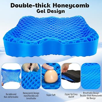 Cooling Gel Seat Cushion, Thickened Big Breathable Honeycomb Design Absorbs Pressure Points Gel Cushion with Anti-Slip Cover Cooling Seat Cushion for Office Chair Home Car Wheelchair Stadium Bleachers