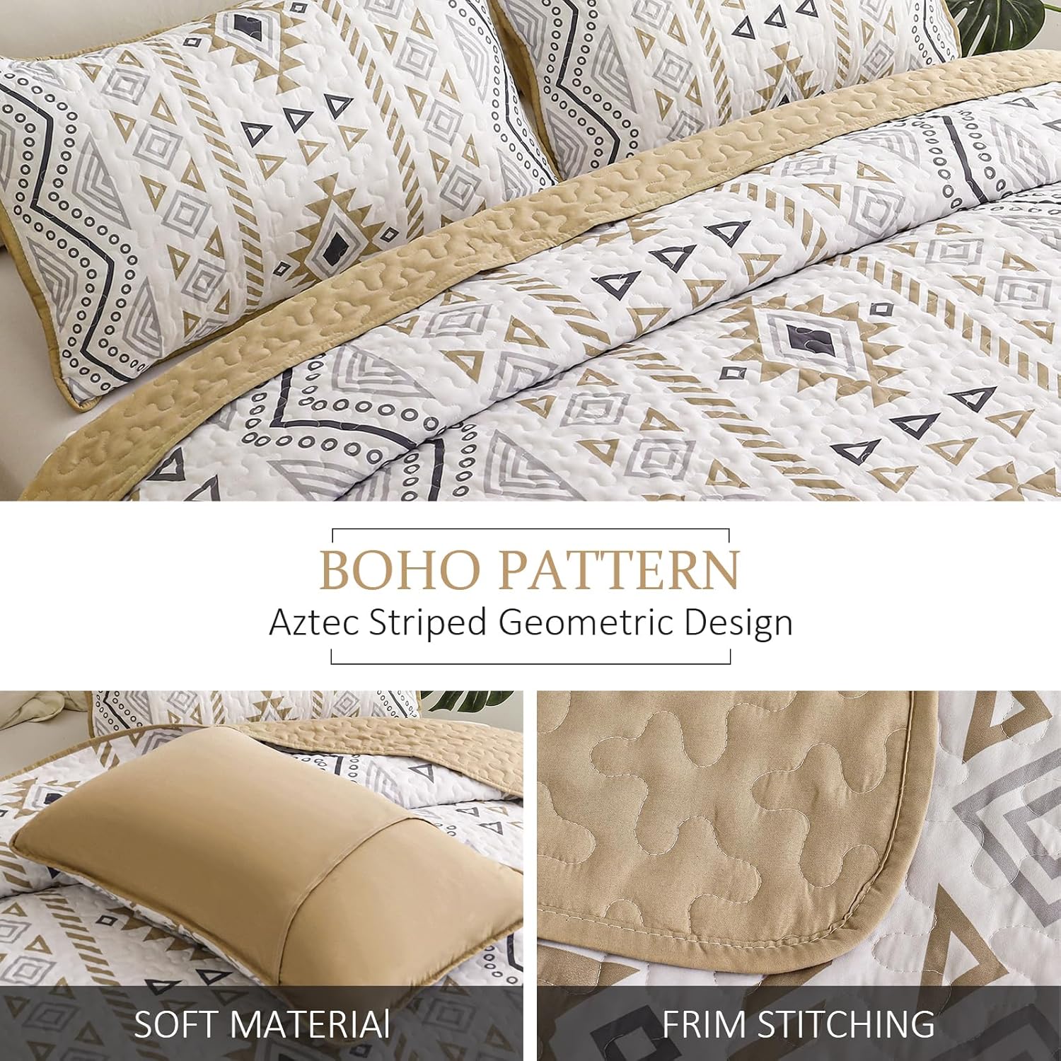 Drucon Boho King Size Aztec Quilt Set 3 Pieces Lightweight Fall Quilt Beddding Set, Soft Microfiber Bohemian Bedspread Coverlet Set with 2 Pillowcases for All Season (King, 104"x90") - Image 5