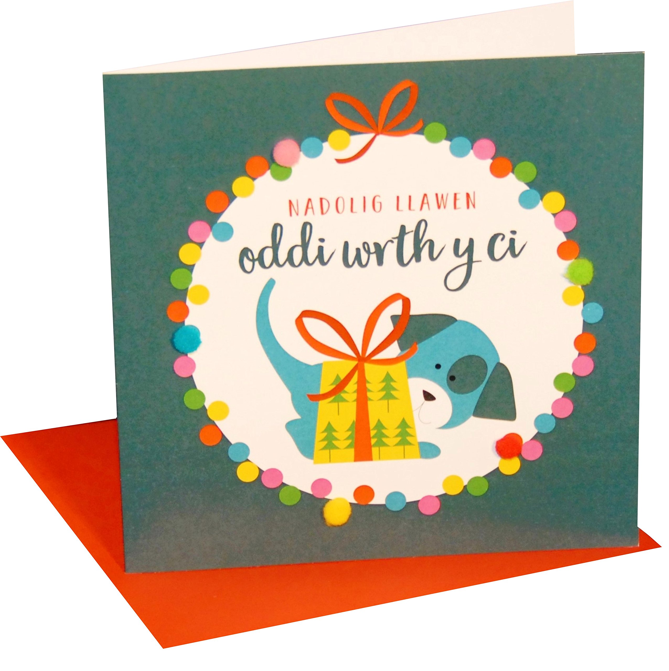 Claire Giles Greeting Cards, Welsh from The Dog Christmas Card, Nadolig Llawen Ci, Embellished with Colourful Pompoms