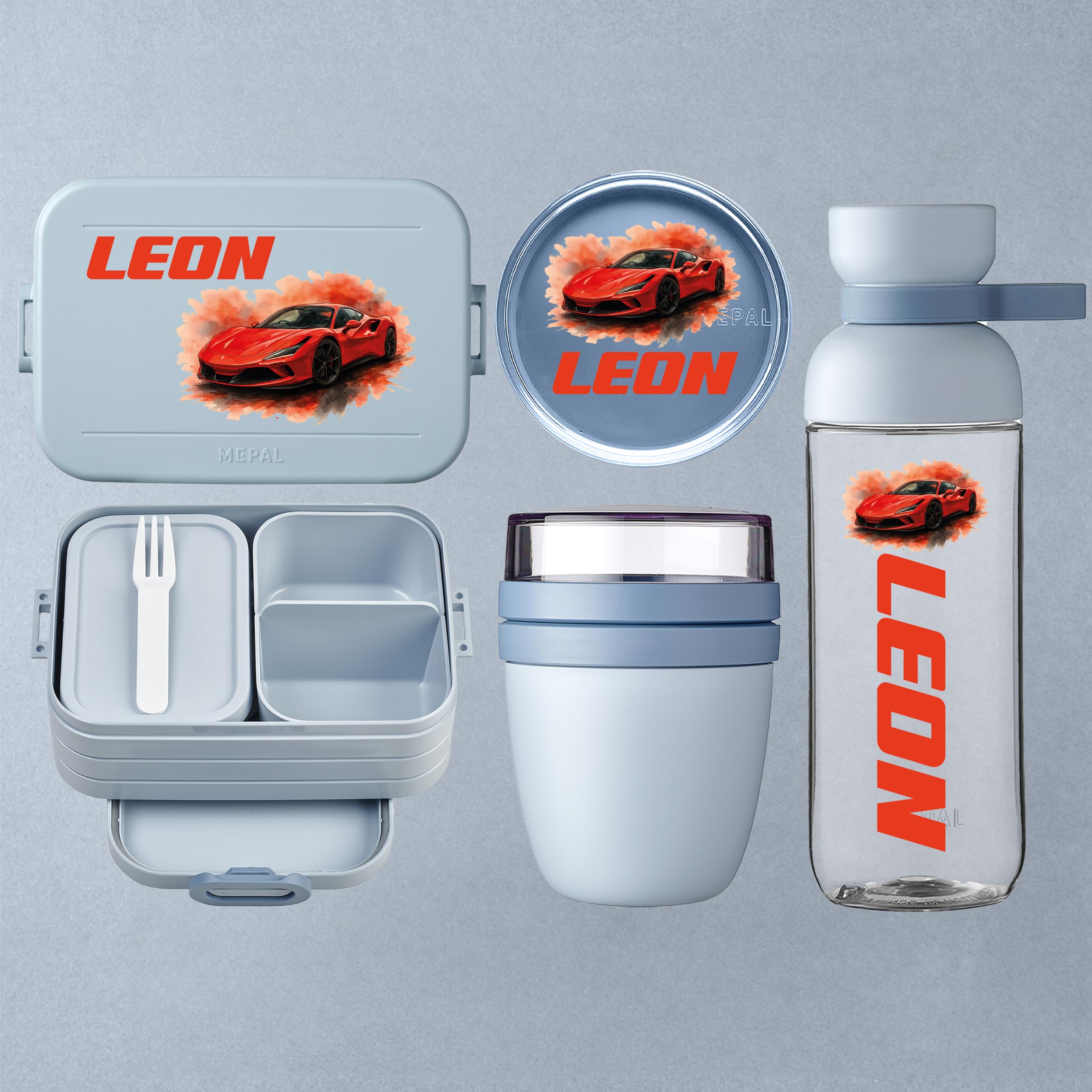 Mepal Personalisierte Brotdose Trinkflasche | Rennwagen Sportwagen Auto | Geschenk Einschulung Mädchen Junge Kitastart Schule Schulanfang Lunchbox Flasche Bento Box Vesperdose Kindergarten Schulkind