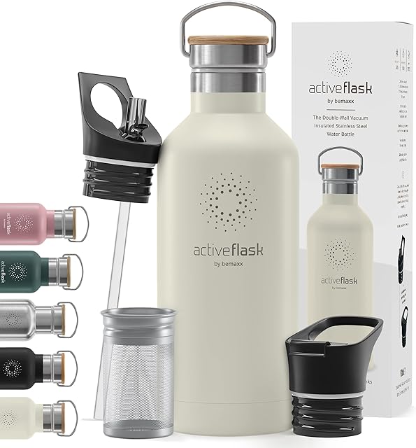 Stainless Steel Water Bottle + Straw (3 Lids) - Leak-Proof & BPA-Free | Insulated Active Flask Drinking Bottles - 24h Cold / 12h Hot, 1l/500ml Outdoor Mug, Tea Coffee, Sport Camping Gym