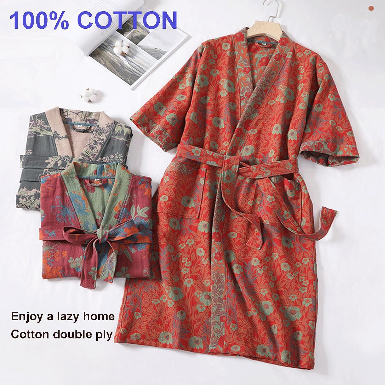 CRETUAO Kimono Accappatoio In Cotone 100% – Leggero E Traspirante, Con Tasca E Cintura, Perfetto Per Spa E Casa